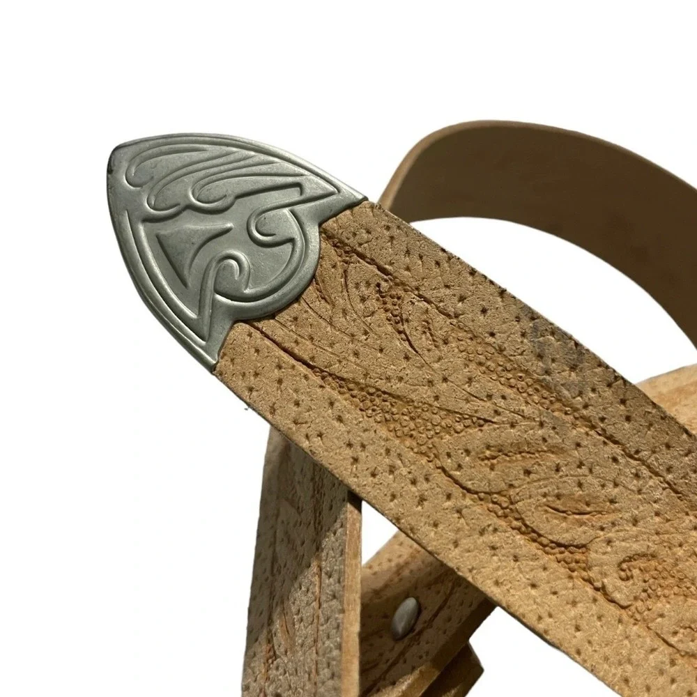Western Tan Tooled‎ Leather Belt Silver Engraved Buckle Metal Tip Size S